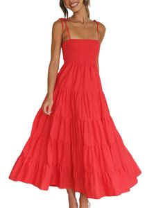 Damen Sommerkleider Plissee Midikleid Kleider Ärmellose Freizeitkleider Strandkleid Rot,Größe L