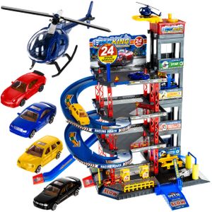 NEU Polizei Station Parkhaus Rennbahn mit Spielzeugauto und Hubschrauber 