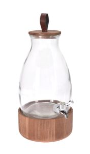 Getränkespender aus Glas mit Holz Ständer - 5,5 Liter - Wasserspender mit Zapfhahn - Spender für Getränke Saft Wasser Limonade Dispenser mit Fuß