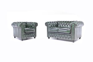 Chesterfield Sofa Original Leder  1 + 2  Sitzer Antik Grün |
