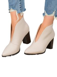 Damen Chunky Heeled Arbeit V Cut Stiefeletten Fashion Spoted Toe Block Heels Bootie,Farbe:Beige,Größe:38