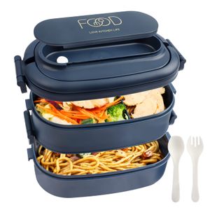 Lunch Box - 1550ml Brotdose 2 Etagen 3 F?chern - Lunchbox Erwachsene - Bento Box mit Besteck,Mikrowellengeeignet,Blau