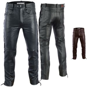 Herren Lederhose lederjeans bikerjeans jeans hose aus echtleder seitlich geschnürt, Größe:52/L, Farbe:Schwarz