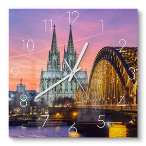 DEQORI Glasuhr 30x30 cm Zahlen 'Kölner Wahrzeichen abends' Wanduhr Glas Uhr Design leise