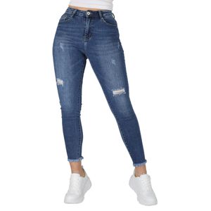 VAN HILL Damen Secret Denim Jeans Skinny Fit Destroyed Look Fransen Hose 837345, Farbe: Blau, Größe: 36