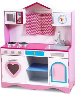 COSTWAY Kinderküche Spielküche mit Zubehör, Kinder Küche Holz mit Abnehmbare Spüle Mikrowelle Backofen, Spielzeugküche Holzküche für Kinder ab 3 Jahren, 82x30x100,5 cm, Rosa