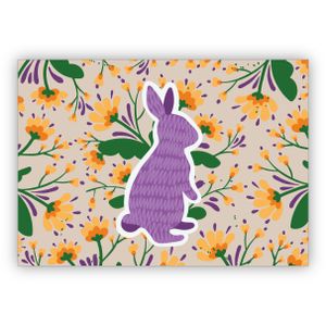 4x Entzückende florale Osterkarte mit Scherenschnitt Hase, lila auch als Geburtstag Grußkarte