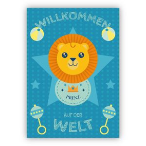 4x Süße Baby Glückwunschkarte zur Geburt eines Jungen mit Löwen: Willkommen auf der Welt Prinz