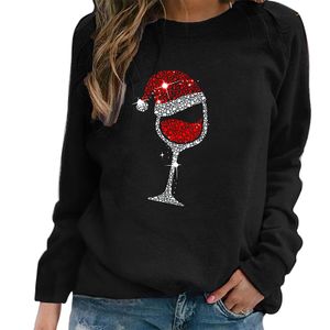Damen Weihnachtspullover Sweatshirts Weinglas Pullover Langarmshirts Weihnachtsshirt Schwarz,Größe:L