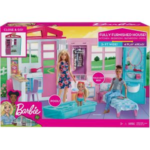 Mattel FXG54 Barbie Ferienhaus Haus 60cm mit Pool Möbeln Bett klappbar Neu