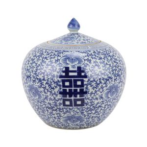 Fine Asianliving Chinesische Deckelvase Blau Weiß Porzellan Doppeltes Glück D22xH22cm Dekorative Vase Blumenvase Orientalische Keramik Vase Dekoration Vase Moderne Tischdekoration Vase