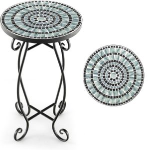 Mozaikový stolek, zahradní stolek kulatý, mozaikový stolek ?30 x 50 cm, bistro stolek z kovové keramiky, květinová stolička malá, balkonový stolek pro balkon terasu zahradu (černá+šedá)