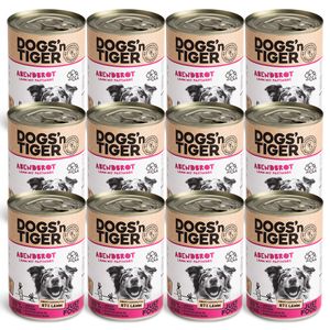 Dogs'n Tiger Adult Premium krmivo pro psy, večerní moučka, vlhké krmivo, bez obilovin, jehněčí, pastinák a zdravé bylinky, 12x400g