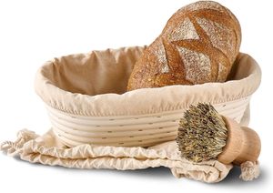 Gärkorb zum Brotbacken - Aus nachhaltigem Rattan - Oval - 28cm - Set inkl. Bürste, Leineneinlage & Brotbeutel - Geruchsneutral