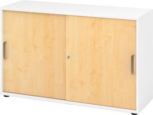 bümö Schiebetürenschrank "2OH" - Aktenschrank abschließbar, Sideboard Schrank mit Schiebetüren in Weiß/Ahorn - Büroschrank aus Holz mit Schiebetür,