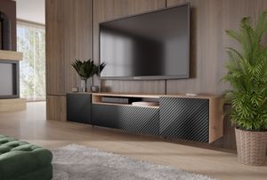 TV-Schrank Nicole Fernsehschrank TV-Lowboard 200 cm Design dreitürig Wohnzimmer Push-To-Open Funktion gefräste Fronten Wandmontage (Farbe: Eiche artisan, schwarz)