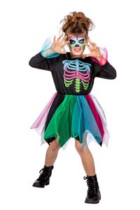 Kinder Kostüm Skelett Tüll Kleid schwarz bunt Halloween Fasching Gr. 140