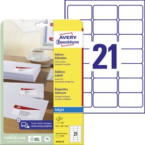 Avery Zweckform J8160-25 Adress-Etiketten, A4, 63,5 x 38,1 mm, 25 Bogen/525 Etiketten, weiß