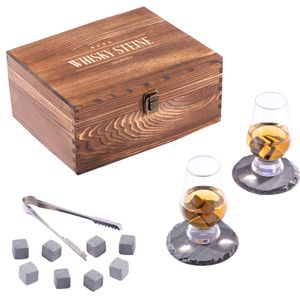 GOURMEO Whiskey Geschenk Set mit 8 Steine und 2 Tulpen-Gläser - Whiskey Steine Set Zubehör & Edelstahl Zange - Eiswürfel Whisky Steine wiederverwendbar - Geschenke für Männer