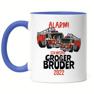 Ich Werde Großer Bruder 2022 Tasse Blau Ankündigung Schwangerschaft Feuerwehr-Auto Alarm Babynews