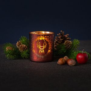Windlicht Hirsch / Geweih, Glas Kerzenhalter, Motiv Hirschkopf, burgund/gold