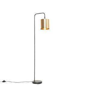 QAZQA - Moderne Stehlampe schwarz mit Gold I Messing - Lofty I Wohnzimmer I Schlafzimmer - Stahl Länglich I Zylinder I Rund - LED geeignet E27