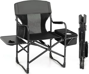 GOPLUS Campingstuhl Faltbar, Klappstuhl Gepolstert mit Seitentisch & Seitenfach & Kühltasche, Angelstuhl Faltstuhl mit Armlehnen 180 belastbar (Schwarz)