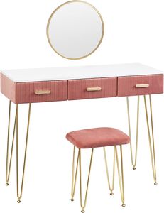 WOLTU Toaletný stolík so stoličkou Zrkadlový toaletný stolík so zásuvkami Veľká doska 100x40 cm, moderný kozmetický stolík do spálne, ružový