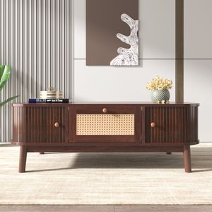 Merax Couchtisch Braun “Muses” mit Rattan, Kaffeetisch mit Schublade, Landhausstil