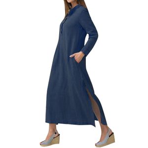 Frauen Casual Long Dress Long Sleeves Seitentaschen Schlitz Vintage Maxi Robe Maxikleid Dunkelblau M