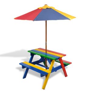 Prolenta Premium  Kinder-Picknicktisch mit Bänken Sonnenschirm Mehrfarbig Holz