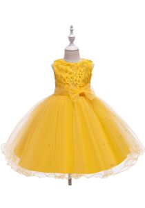 Mädchen Ärmellos Partykleid,Prinzessin Spitze Tüll Kleid,mit Bogenknoten und Perlen-Verzierung,Gelb.110