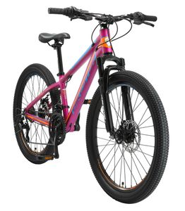 BIKESTAR detský mládežnícky horský bicykel 24 palcov od 9 rokov, 21 rýchlostí hardtail MTB športová odpružená vidlica s kotúčovou brzdou, Berry
