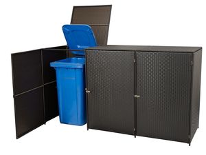 Mülltonnenbox 3er klein aus Stahl Schwarz und Polyrattan Mocca