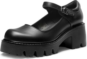 DREAM PAIRS Frauen Chunky Plattform Mary Janes Schuhe Schnalle Riemen Runde Zehe Wohnungen Seicht Mund Japanisch Süß Lolita Prinzessin Schuhe,Farbe:SCHWARZ-PU,Größe:42