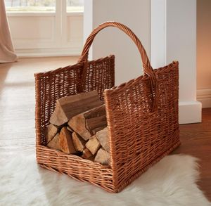 großer Kaminholzkorb aus Weide, braun, Feuerholzkorb, Holzkorb, Holz Tragekorb