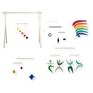 5x Montessori mobil - Munari, Oranžové Gobbi, Dancers, Octahedron, Rainbow s držiakom / hrazdičkou