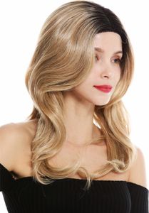WIG ME UP Perücke Monofilament Lace-Front Mittelscheitel lang gewellt Ombre Schwarz Blond VK-12-MF