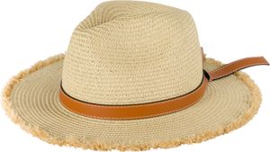 styleBREAKER Damen Panama Sonnenhut mit braunem Zierband, breite ausgefranste Krempe, Strohhut, Hut 04025029, Farbe:Beige