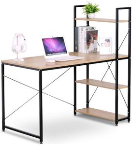 EUGAD Schreibtisch Computertisch mit Ablage Holz Stahl, Dunkel Buche