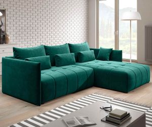 FURNIX Yalta Eckcouch L-Form  Couch Sofa Schlafsofa mit Schlaffunktion Bettkasten und Kissen modern Grün MH 37