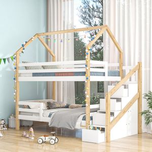 Flieks Patrová postel s ochranou proti pádu, patrová postel 90x200 cm, dětská podkrovní postel s obdélníkovými schůdky a žebříkovou skříní