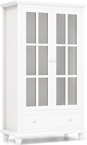 COSTWAY Bücherschrank, Vitrinenschrank mit Türen aus gehärtetem Glas, verstellbarem Regal & Schublade, Büroschrank, Aktenschrank für Heimbüro und Wohnzimmer, 80 x 40 x 139 cm, Weiß
