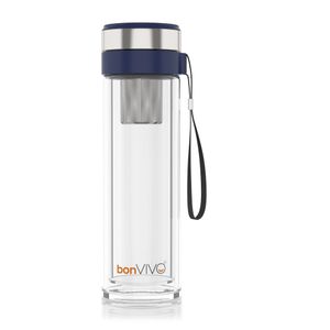 bonvivo Glas-Trinkflasche für Smoothies & Tee, Thermo-Funktion, Tea-Filter 0,45l, Farbe:blau