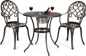 COSTWAY 3ks bistro set s 2 stoličkami a bočným stolíkom, okrúhly stôl s odnímateľným vedrom na ľad a 2 stoličky z liateho hliníka, záhradný set nábytku na verandu, terasu a záhradu