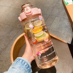 2L Trinkflasche Sportflasche Wasserflasche Getränkeflasche Trinkflasche mit Strohhalm,Zeitmarkierung,3D Sticker Rosa