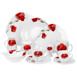 Kombiservice 62tlg. Monika leicht eckig Porzellan für 6 Personen weiß mit rotem Blumendekor