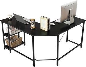 Schreibtisch in L-Form, Eckschreibtisch Computertisch mit 2 Ablagen, Metallgestell, PC-Tisch Gaming Tisch Industrial Design, Bürotisch Arbeitstisch für Büro Arbeitszimmer (Schwarz)