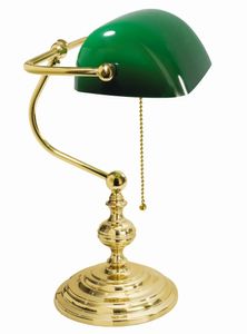 Bankerlampe Gold 24 Karat Grün aus Messing Glas Zugschalter Tischleuchte Schreibtischlampe