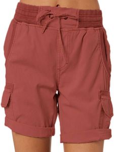 Shorts Damen Kurze Hosen Elastische Sommer Baumwolle Strand Stoffhose mit Taschen Ziegelrot,Größe M